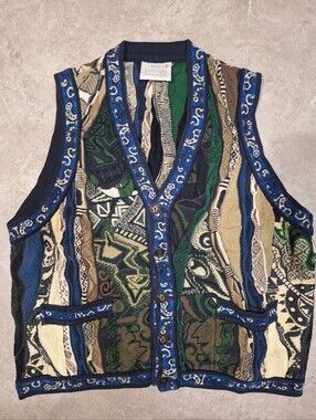 COOGI Multicolor Patterned Knit Vest in Blue, Green & Tan - Vintage